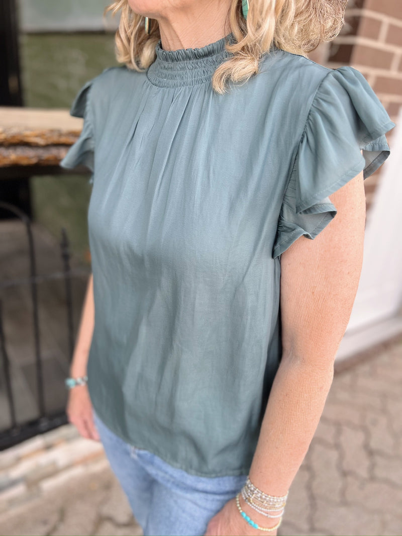 Dark Sage Mock Neck Ruffle Sleeve Top
