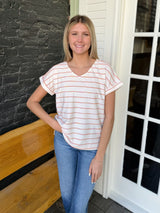 V Neck Short Sleeve Textured Stripe Top