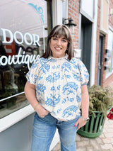 Curvy Short Sleeve Ruffled Neck Woven Print Top