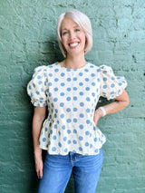 Blue Polka Dot Puff Sleeve Pricess lined Top