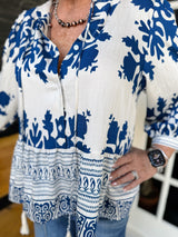 Blue 3/4 Puff Sleeves Boho Style Top