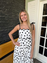 Polka Dot Tie Shoulder Scallop Trim Midi Dress