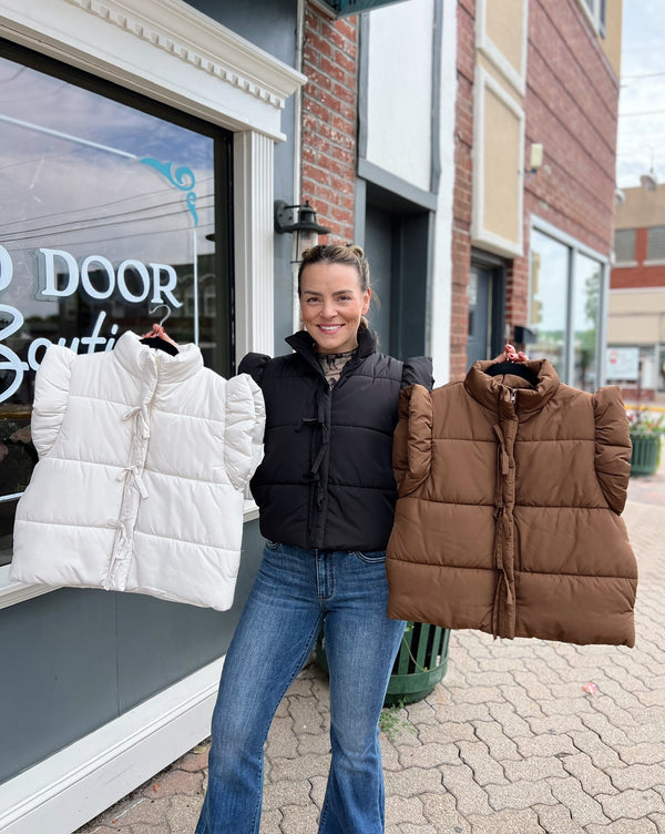 Flutter Sleeve Bow Zip-Up Puffer Vest