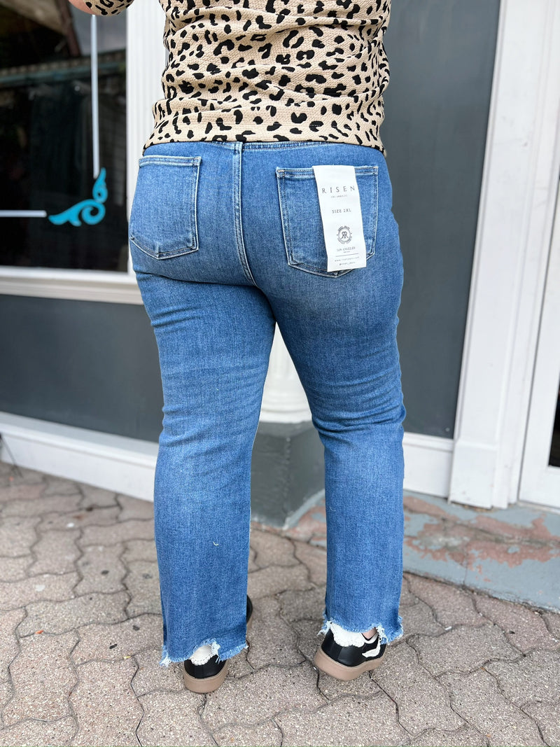 Curvy Cleo's High Rise Crop Flare Fray Hem Jeans