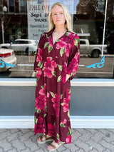 Burgundy Floral Puff Sleeve Midi Dress