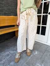 Pink Ditsy Floral Barrel Leg Denim Pants with Tie