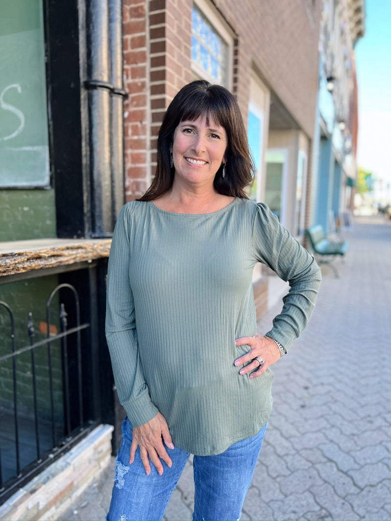 Olive Ribbed Pleated Shoulder Top