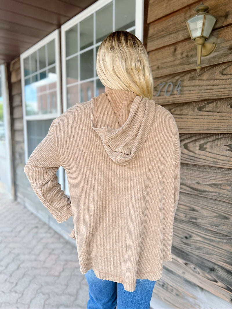 Waffle knit hooded shacket