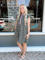 Green Printed Ruffle Sleeve Dress