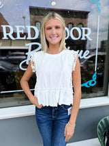White Side Lace Trim Ruffle Hem Top