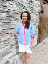 Blue 3/4 Sleeve Button Down Eyelet Top