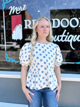Blue Polka Dot Puff Sleeve Pricess lined Top