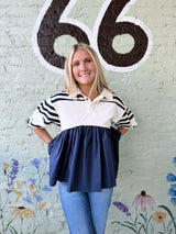 Navy Short Puff Sleeve Top