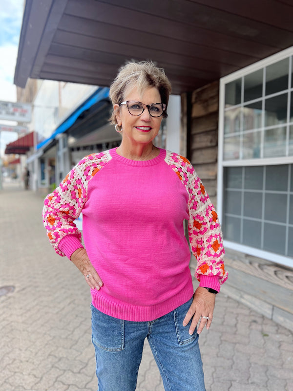 Pink Sweater with Crochet Arms