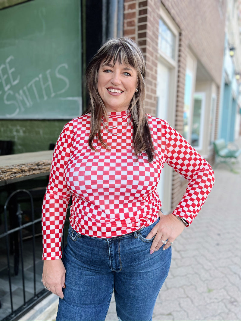 Red Sheer Checkered Top