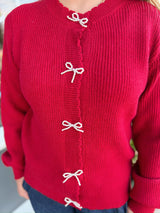 Red Round Neck Cardigan With Pearl Bow Buttons