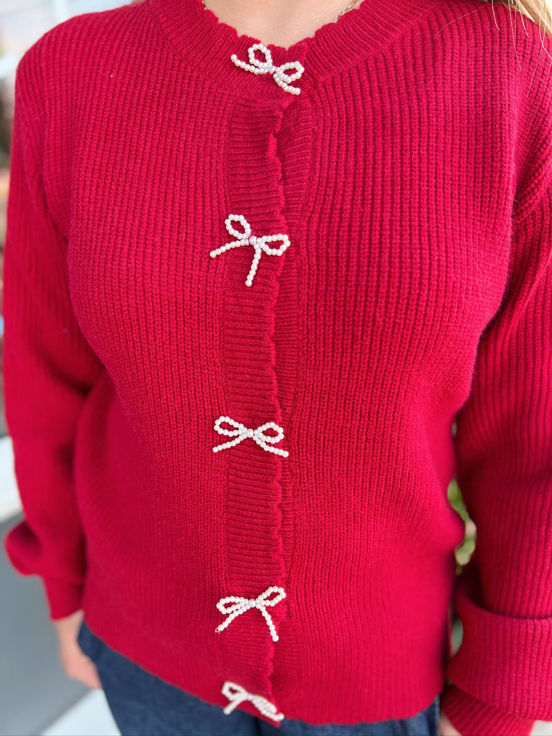 Red Round Neck Cardigan With Pearl Bow Buttons