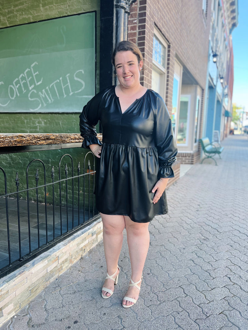 Curvy Black Faux Leather V-Neck Dress