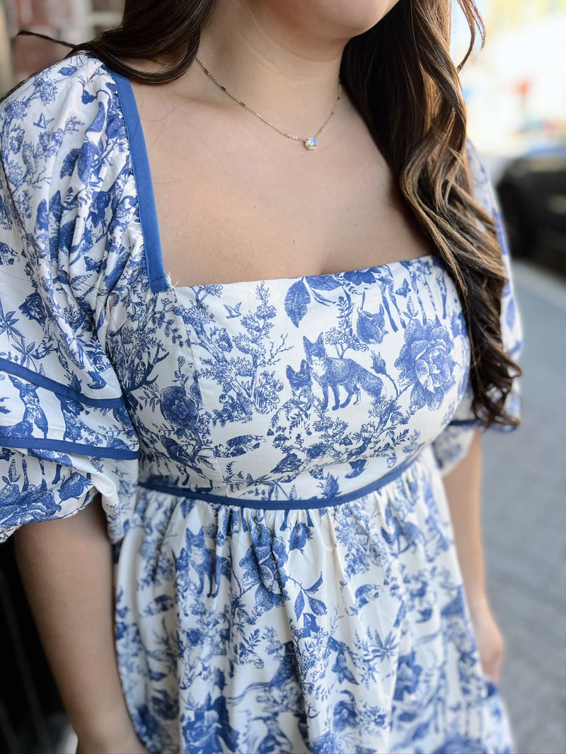 Blue and White Floral Print Tiered Short Dress