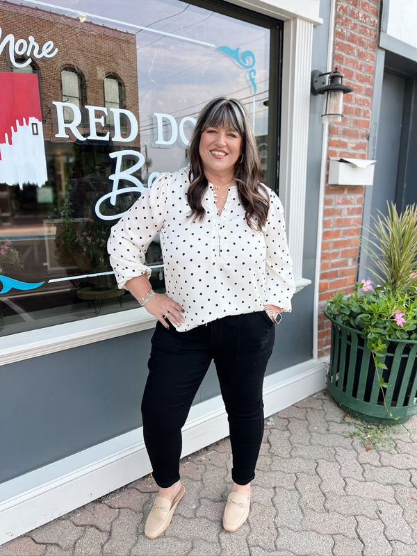 Curvy White Polka Dot Blouse With Cinched Sleeves