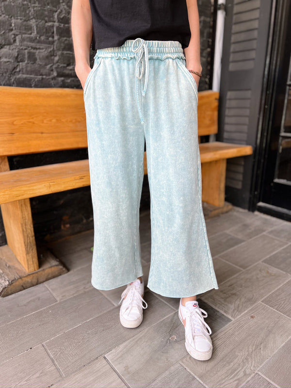 Ash Blue Washed Palazzo Pants with Pockets