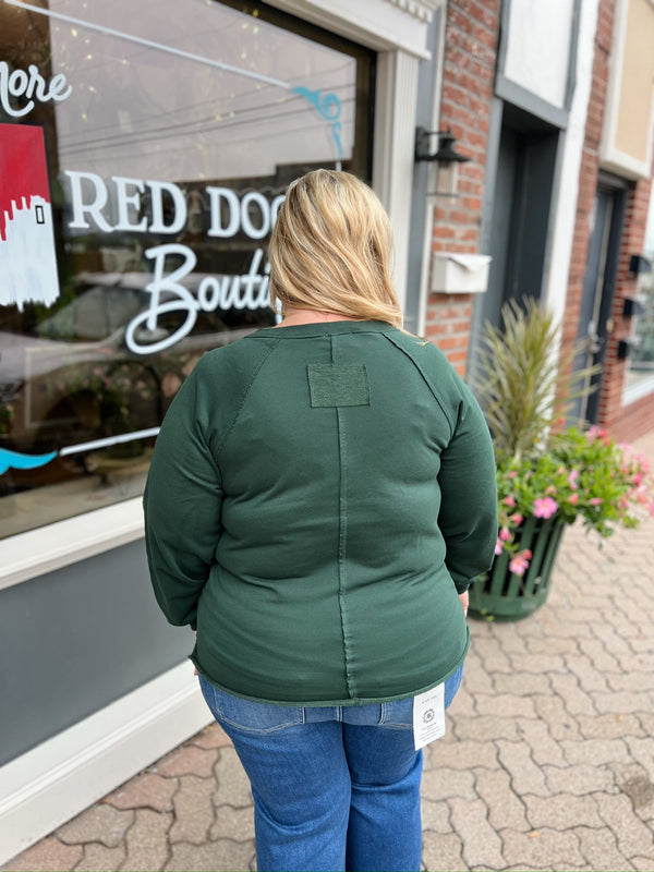 Curvy Hunter Green Exposed Seam Long Sleeve Knit Top