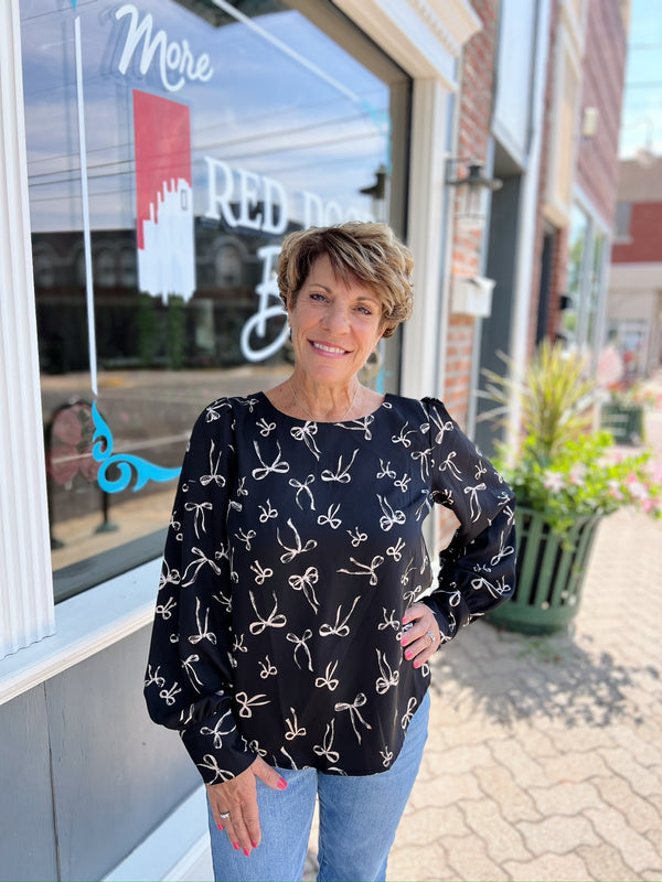 Black Bow Pattern Round Neck Long Sleeve Blouse