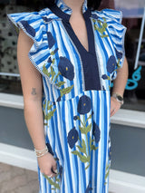 Blue Floral Striped Midi Dress