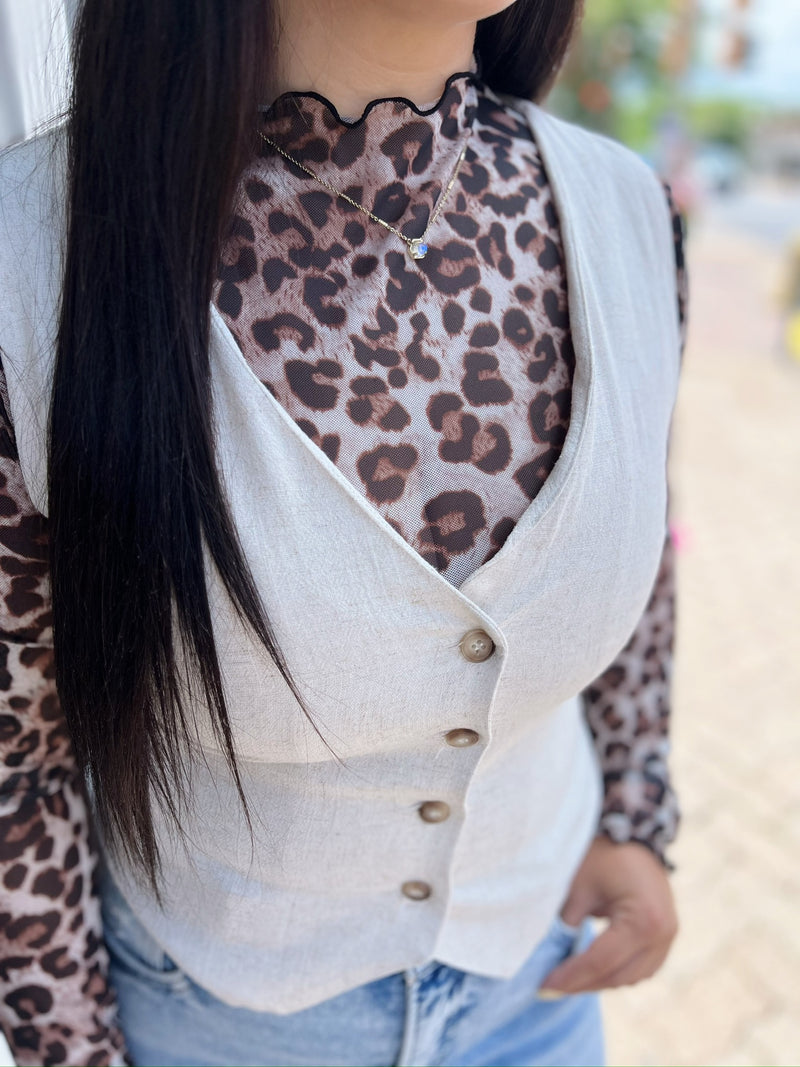 Leopard Printed Mesh Long Sleeve Top