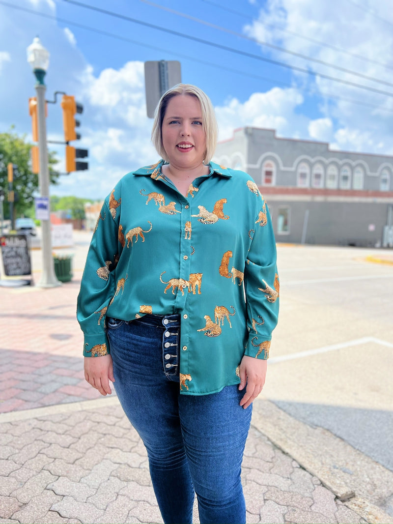 Curvy Teal Cheetah Button Up Top
