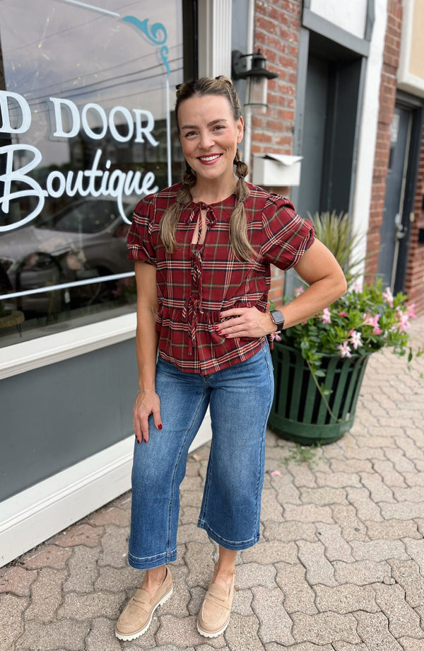 Red Plaid Puff Sleeve Top
