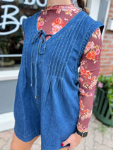 Denim Pleated Wide Leg Tied Romper
