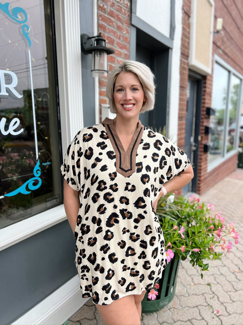 Leopard Contrast Collar Mini Dress