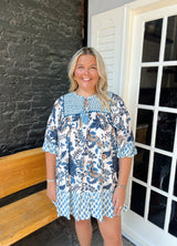 Curvy Blue Mixed Print Dress