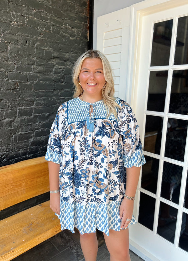 Curvy Blue Mixed Print Dress