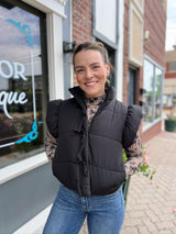 Flutter Sleeve Bow Zip-Up Puffer Vest