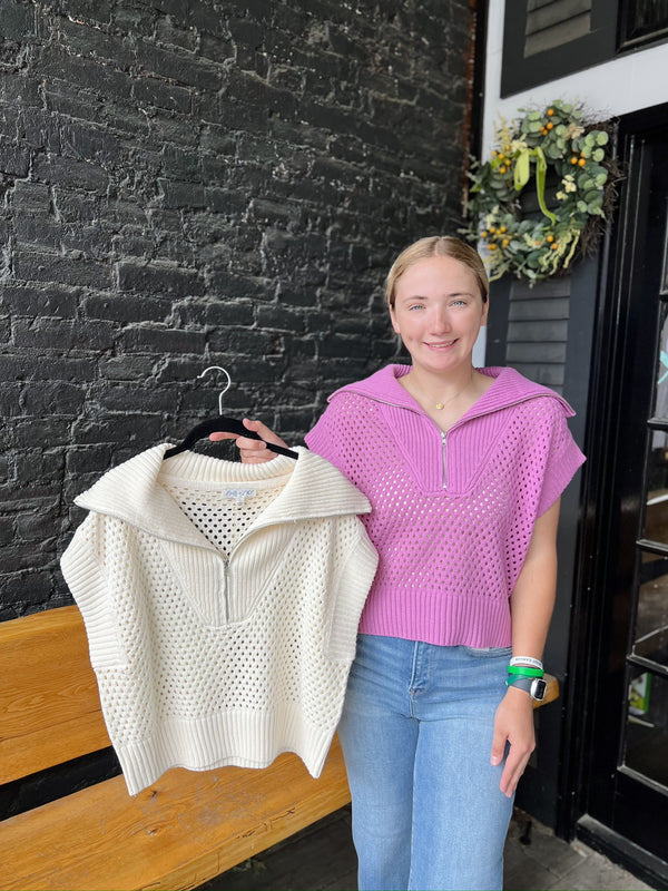 Collared Drop Shoulder Half Zip Sweater Top