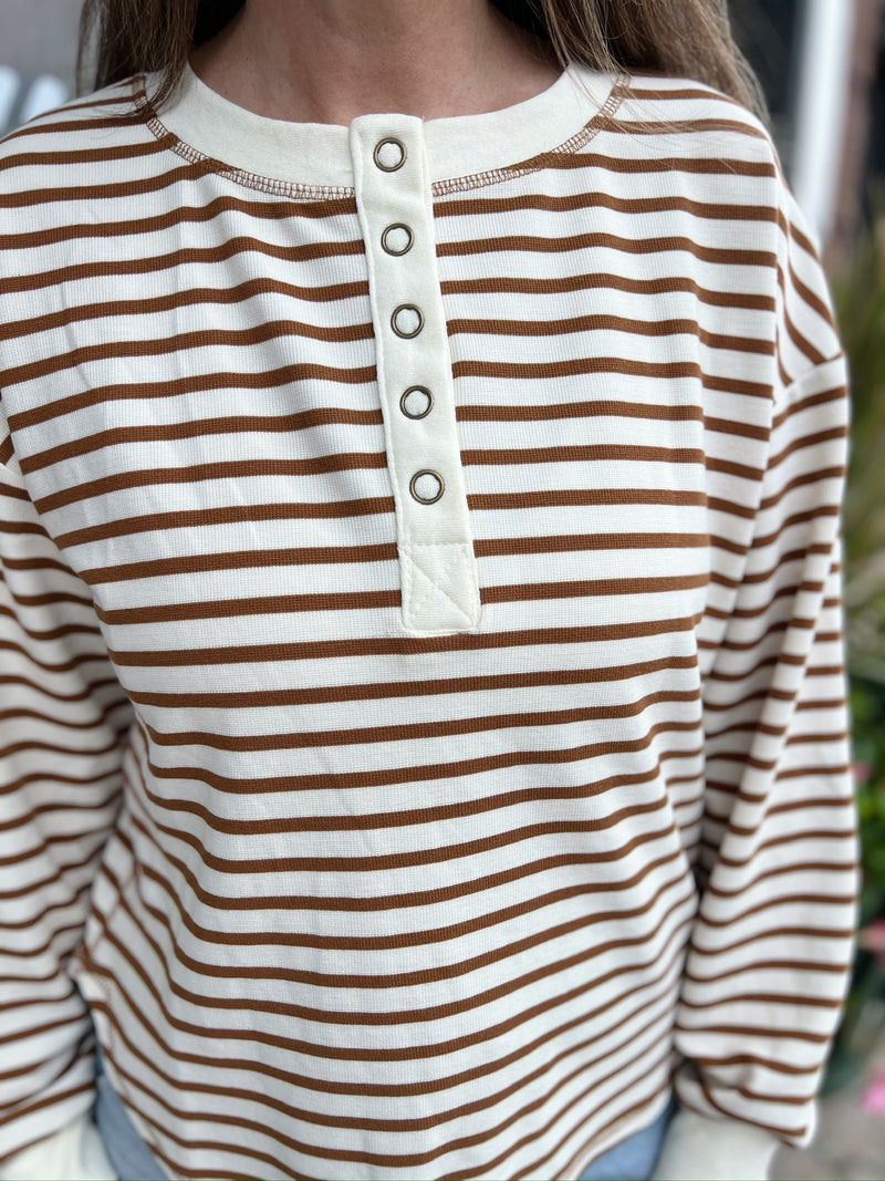 Stripe Henley Snap Button Long Sleeve Top