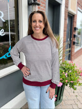 Black and White Striped Top With Burgundy Trim