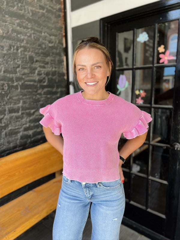 Mineral Wash Sweater Knit Top with Ruffle Sleeve