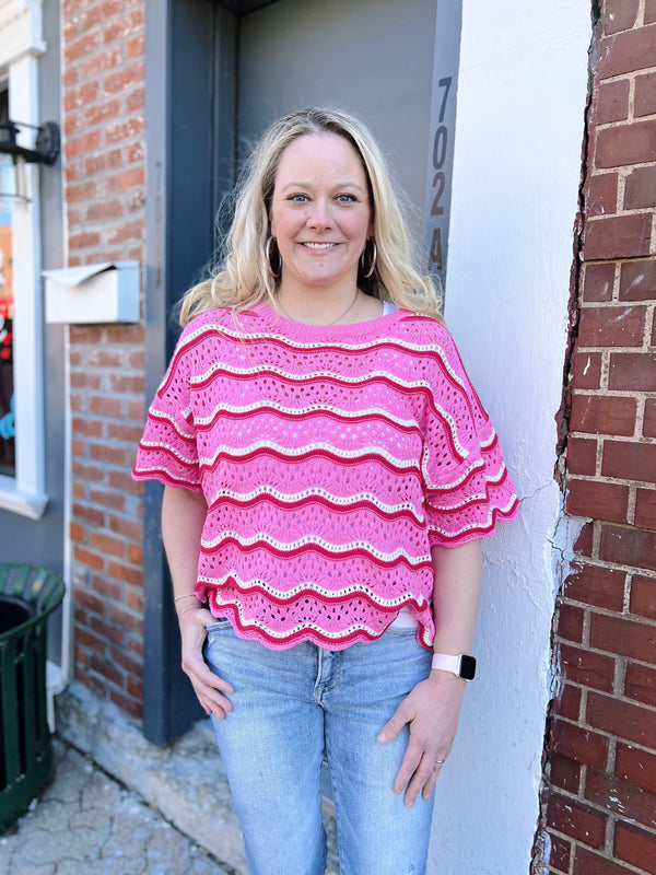 Pink Mix Striped Crocheted Top