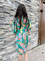 Emerald Paisley Print V Neck Dress