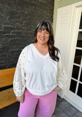 Curvy Off White Lace With Floral Balloon Sleeve Top