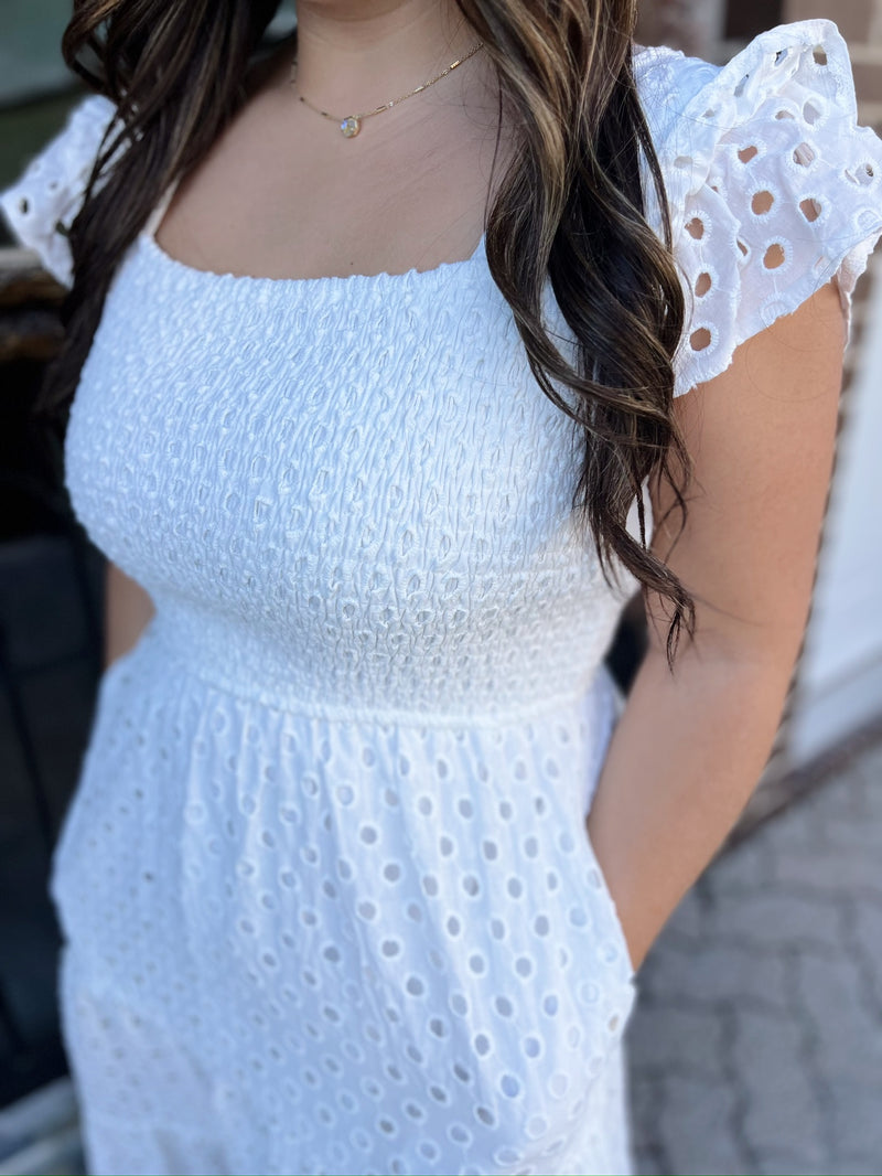White Eyelet Smocked Maxi Dress