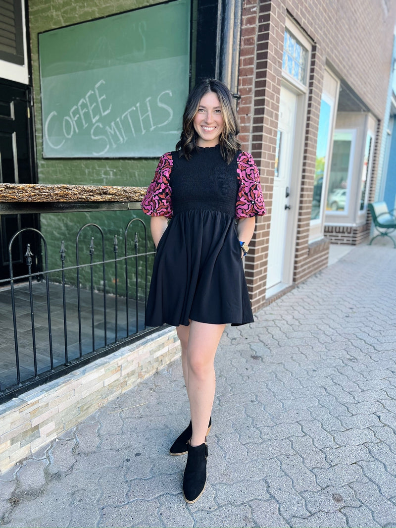 Black Embroidered Puff Sleeve Dress