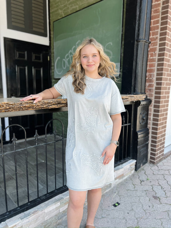 Gray Mineral Wash Western Embroidered Dress