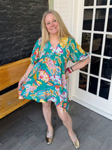 Emerald Paisley Print V Neck Dress
