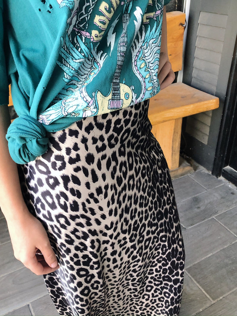 Leopard Print Silky Long Skirt with Zipper