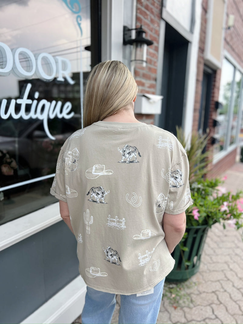 Beige Western Printed Round Neck Short Sleeve Top