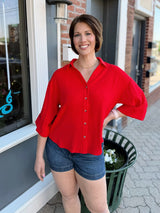 Red Pleat Back Detail Button Front Top